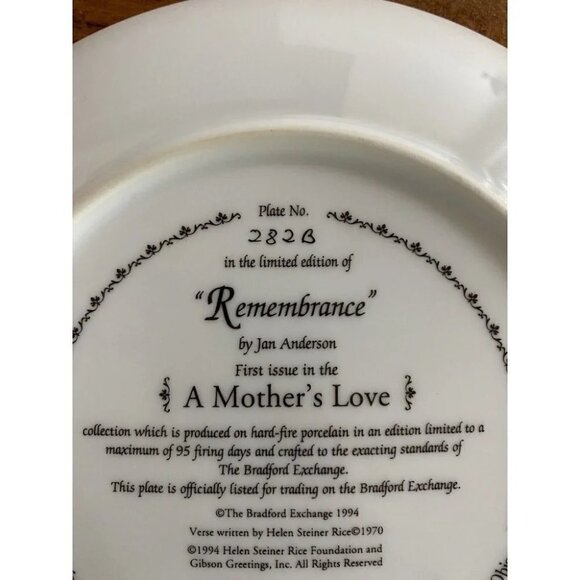 ‘A Mothers Love’ 8" Plate Helen Steiner Rice REMEMBRANCE Bradford Exchange 1994 - Picture 5 of 7